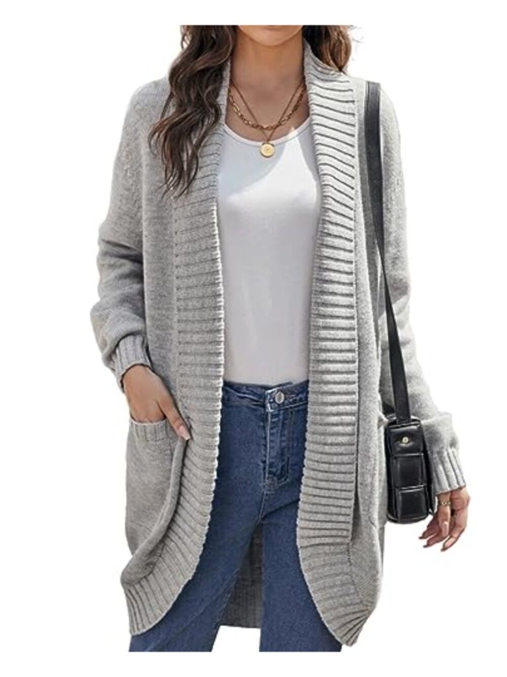 Women's Knit Cardigan Sweater with Pockets, Long Sleeve, Cable Knit, Open Front